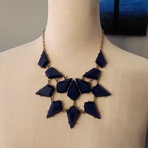 Gold Tone and Dark Blue Geometric Acrylic Gem Bib Statement Necklace